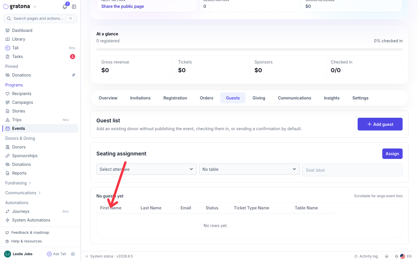 Event workspace with the Guests tab selected, showing the guest list columns First Name, Last Name, Email, Status, Ticket Type Name, and Table Name