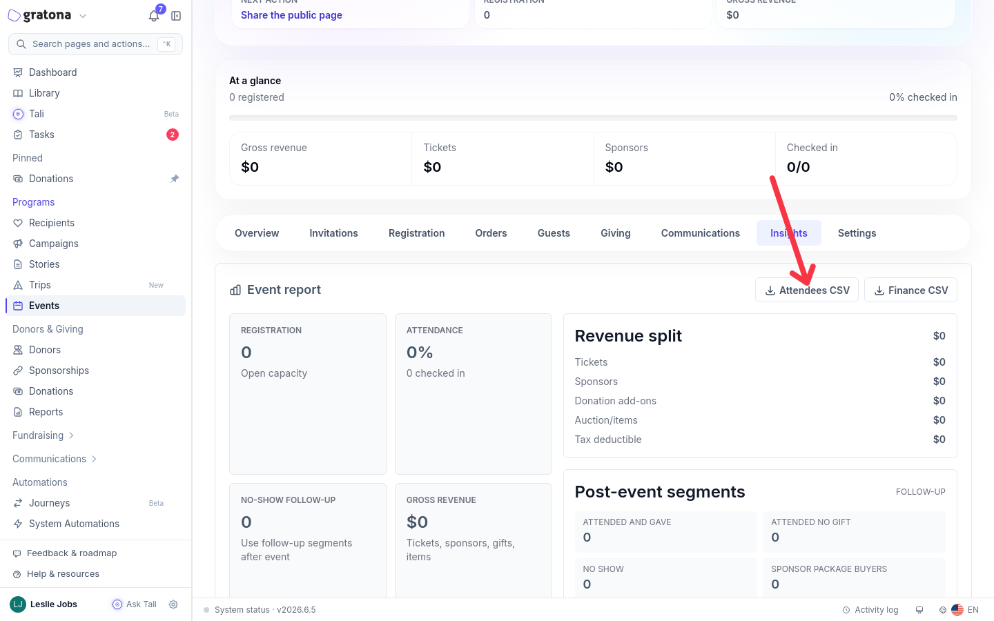 Event workspace with the Insights tab selected and an arrow pointing to the Attendees CSV button next to the Event report