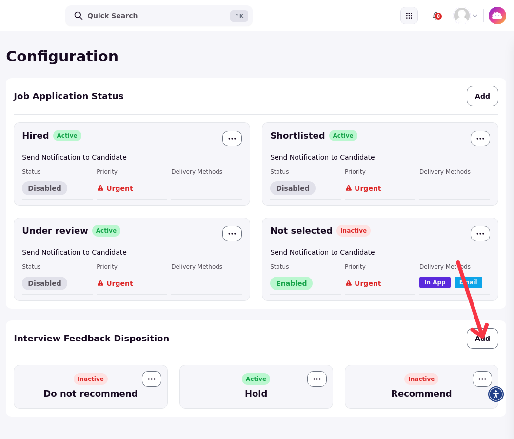 The Recruitment configuration page content with the Job Application Status and Interview Feedback Disposition cards, each with an Add button