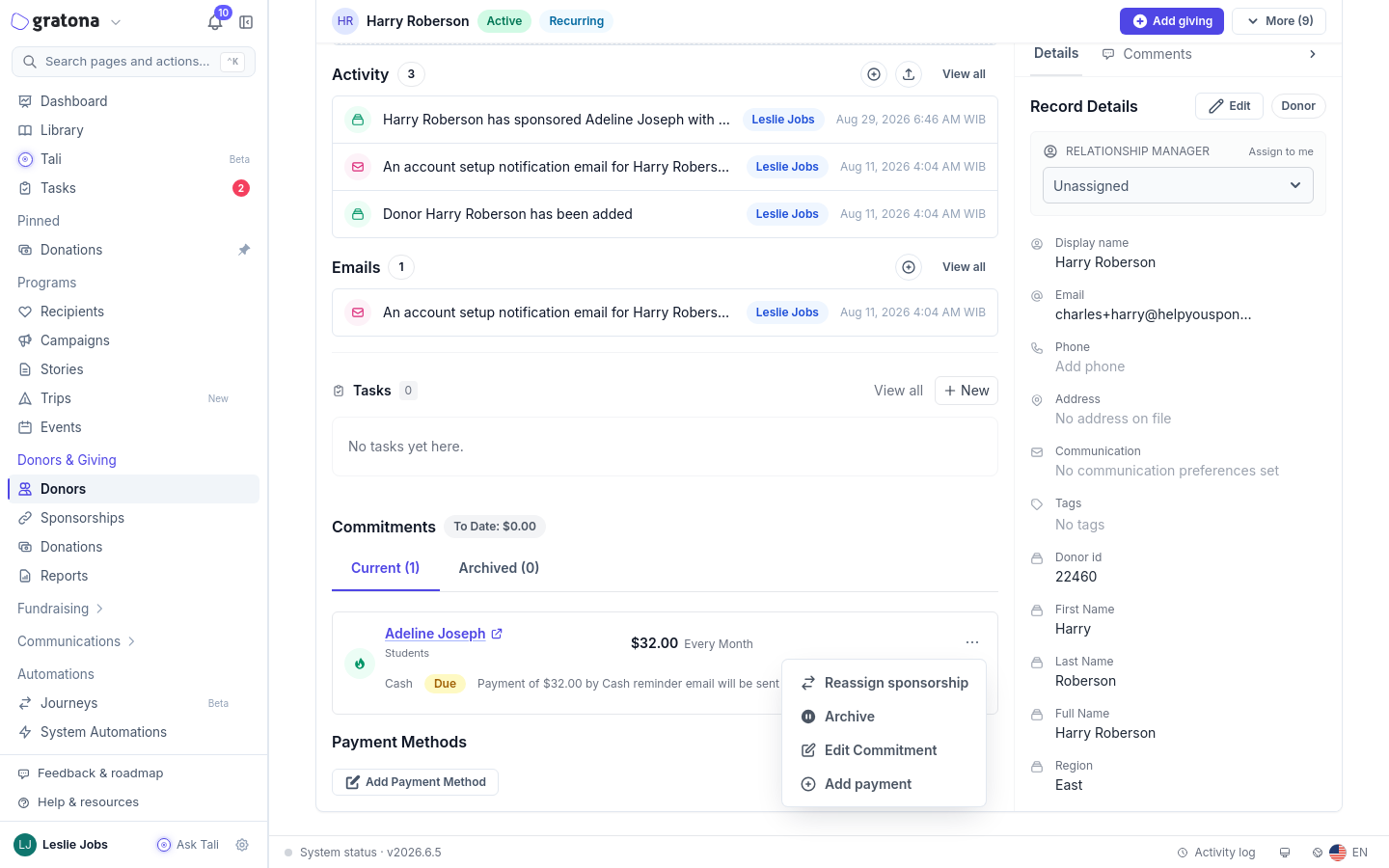 The commitment actions menu open, showing Add payment, Edit Commitment, Reassign sponsorship, and Archive