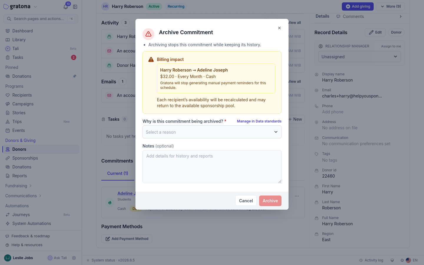 The Archive Commitment dialog with the reason selector, optional notes area, and the Archive confirmation button