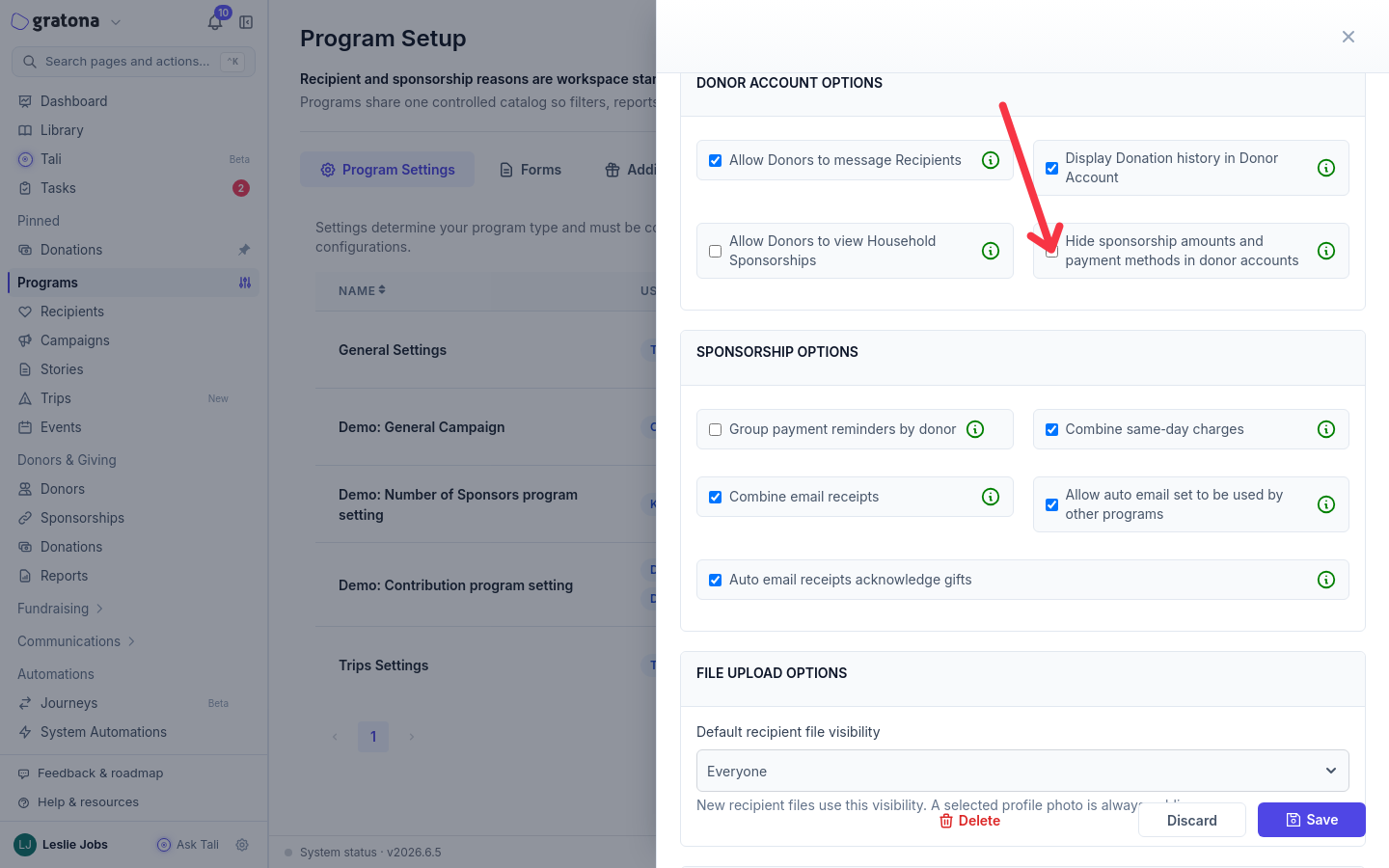 The Donor Account Options section of a program setting profile, with an arrow pointing to the Hide sponsorship amounts and payment methods in donor accounts checkbox