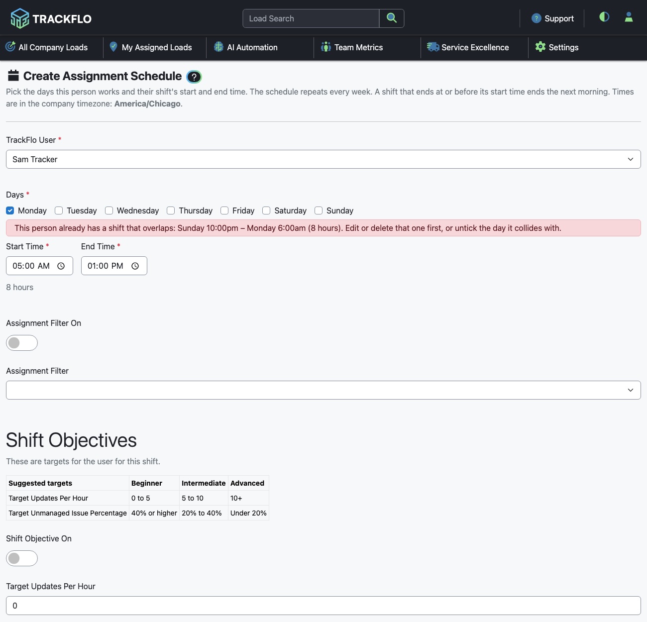 El formulario Create Assignment Schedule con los días y las horas de inicio y finalización