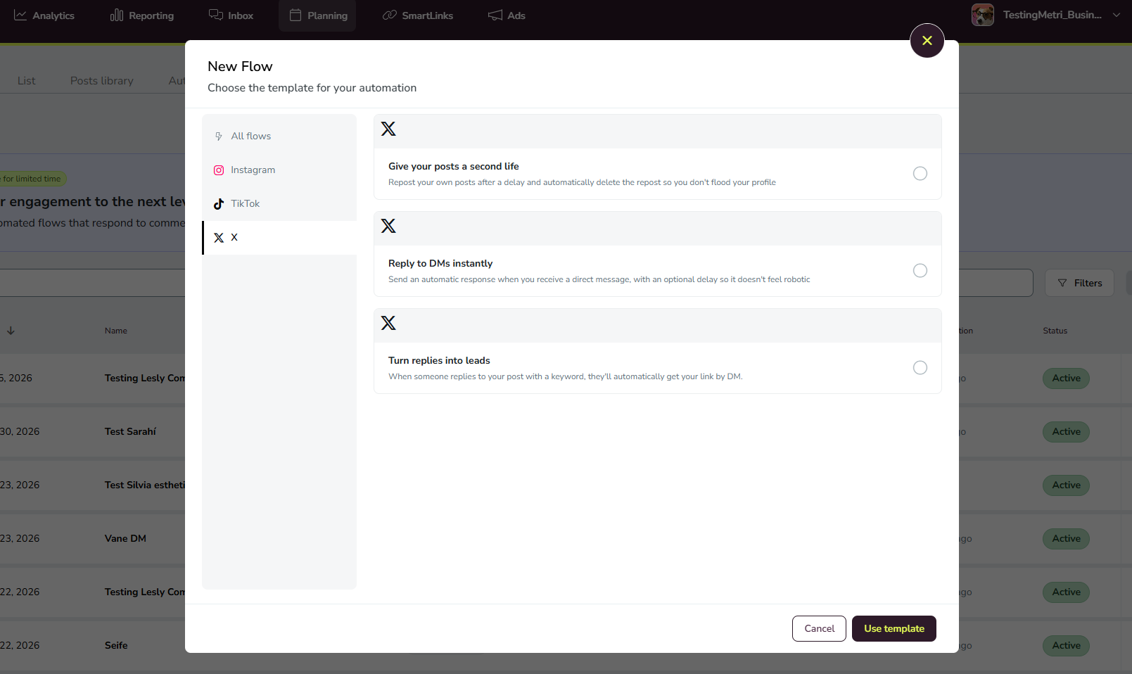 Modal de Novo Flow com os três modelos do X