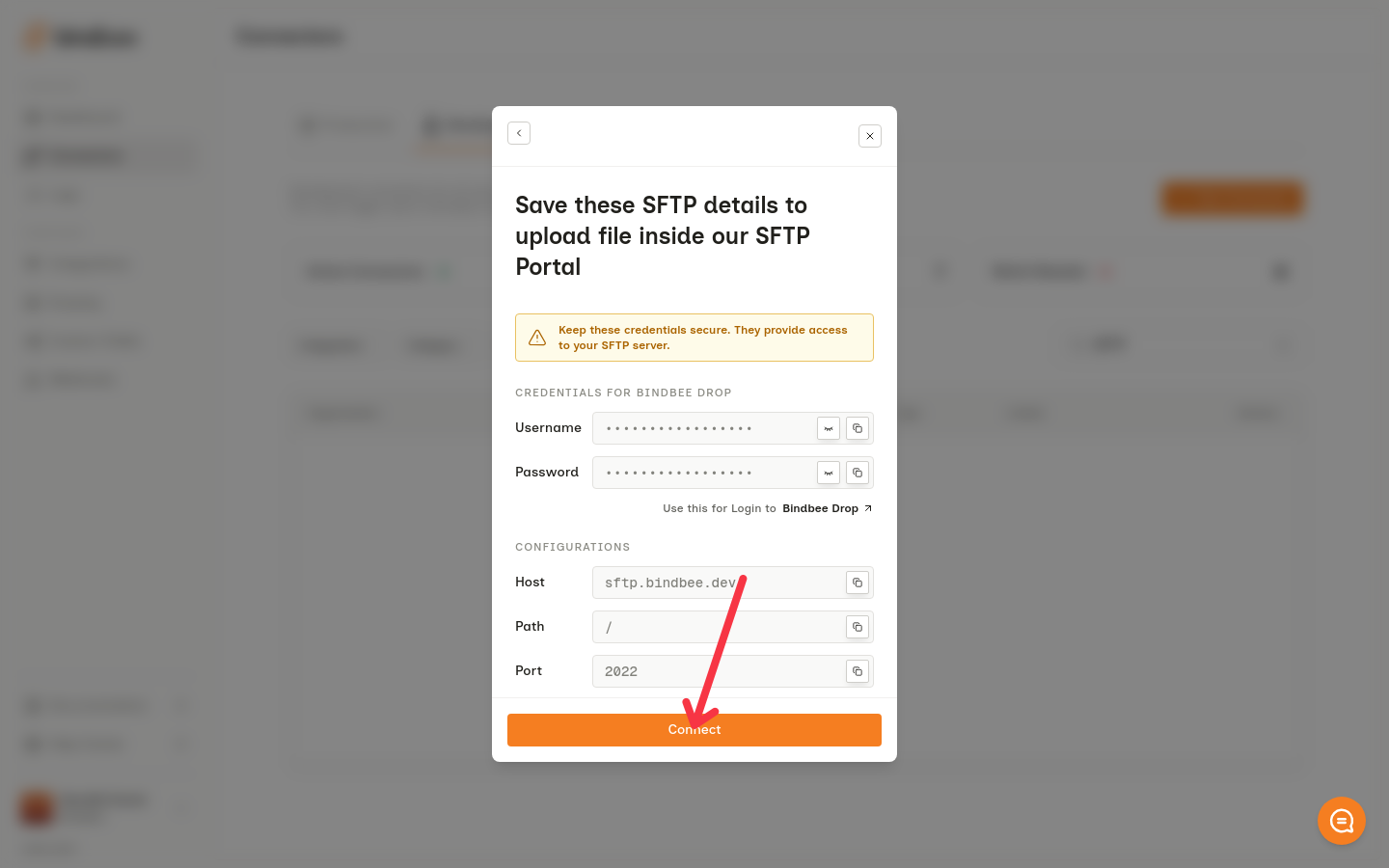 SFTP details screen with Username, Password, Host, Path, and Port, and the Connect button