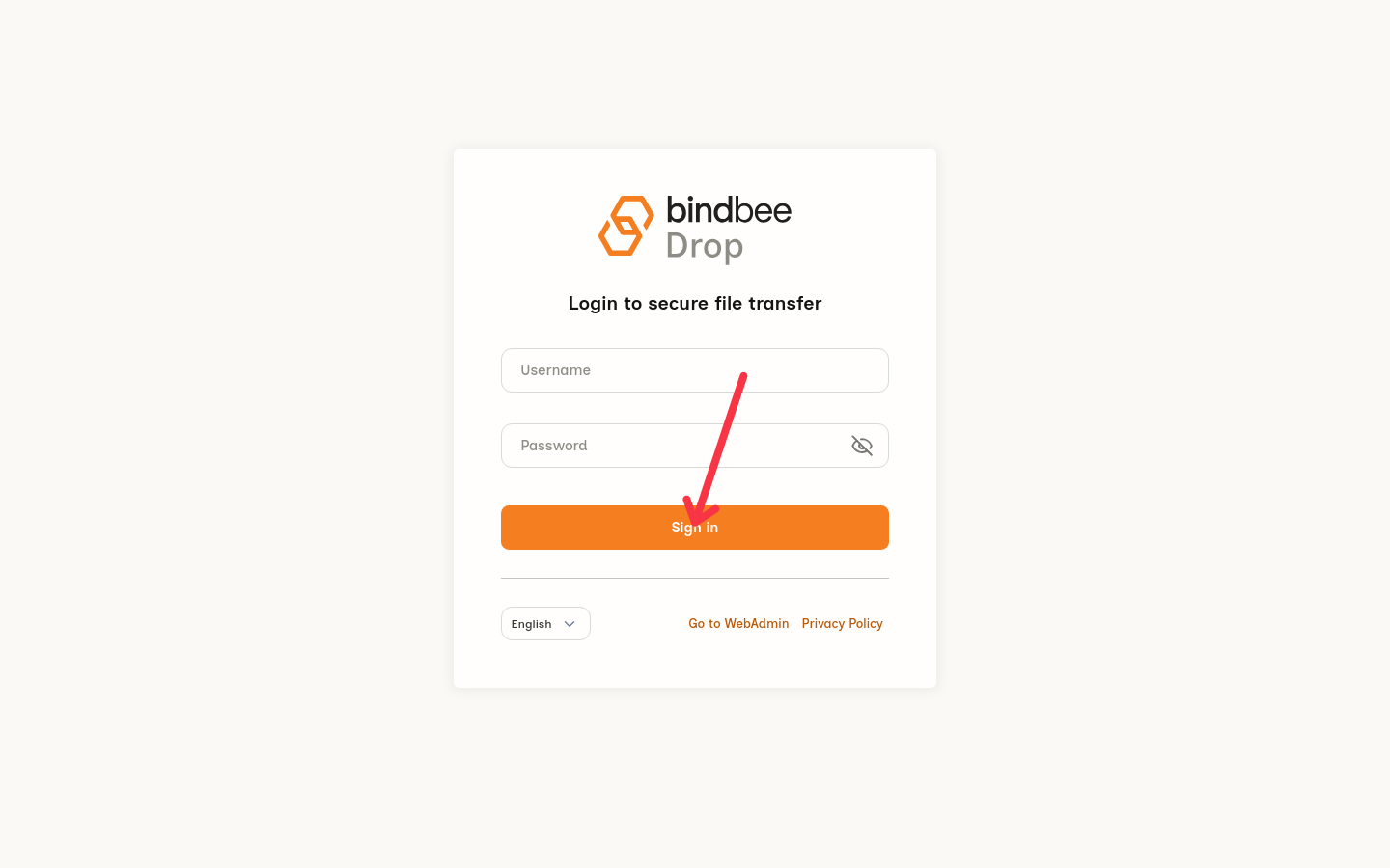 SFTP portal login page with Username, Password, and Sign in