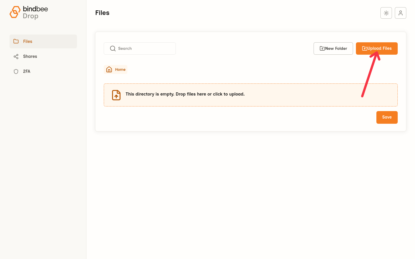 Bindbee Drop Files page with the Upload Files button and an empty directory