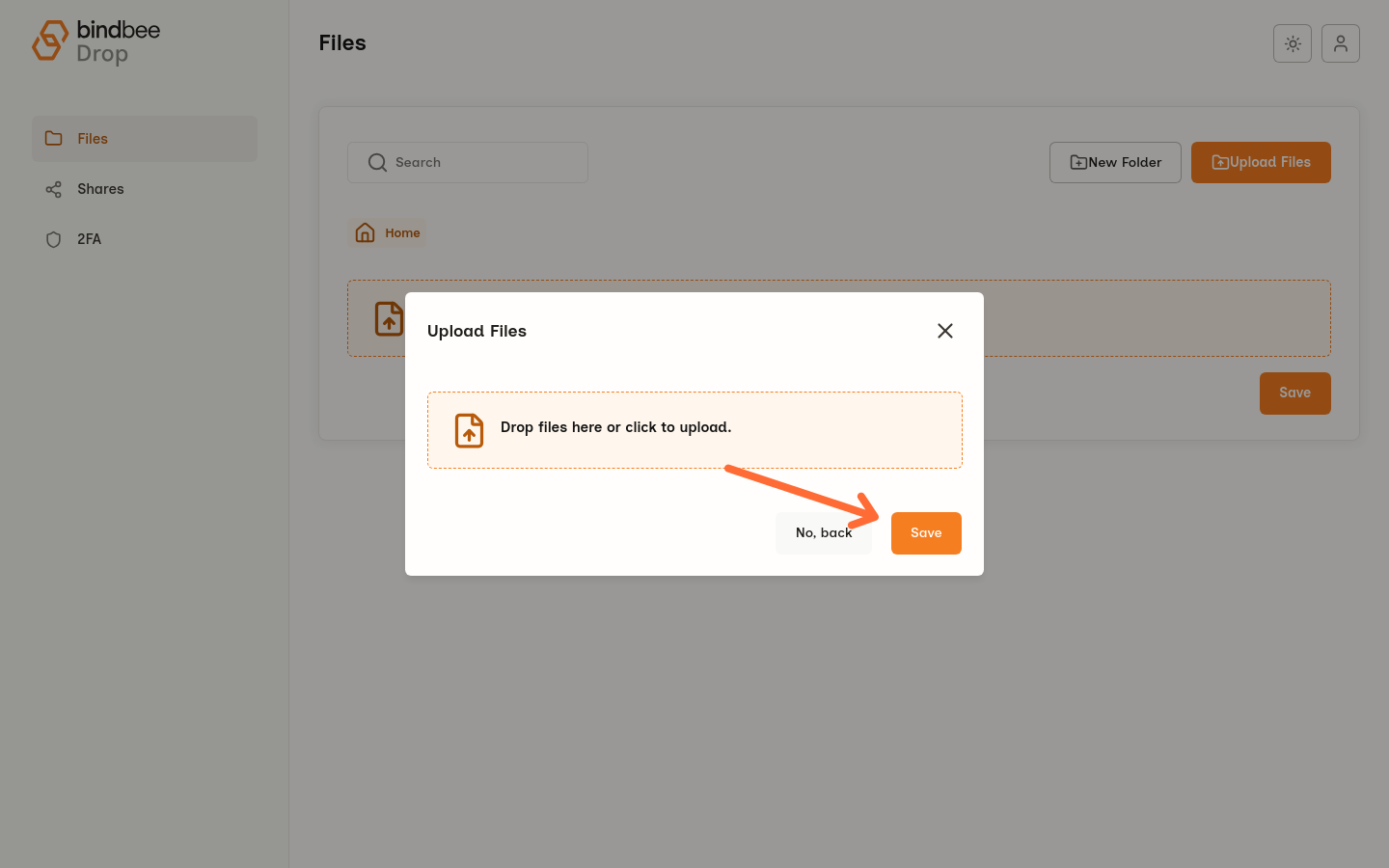 Upload Files dialog with the Save button highlighted