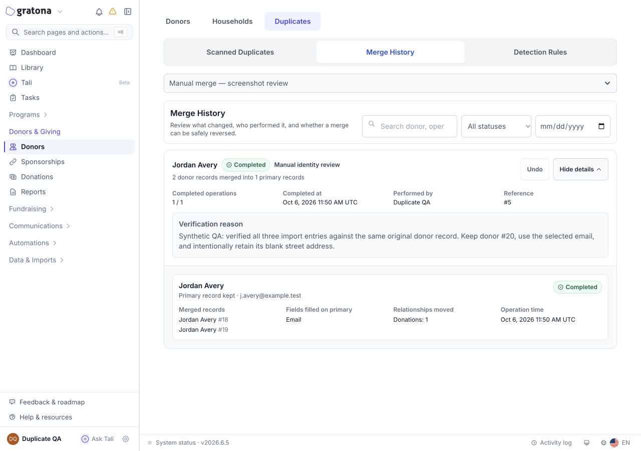 A completed Merge History card for a manual identity review batch with details expanded, showing the verification reason, moved fields and relationships, operator, reference, and an Undo action.