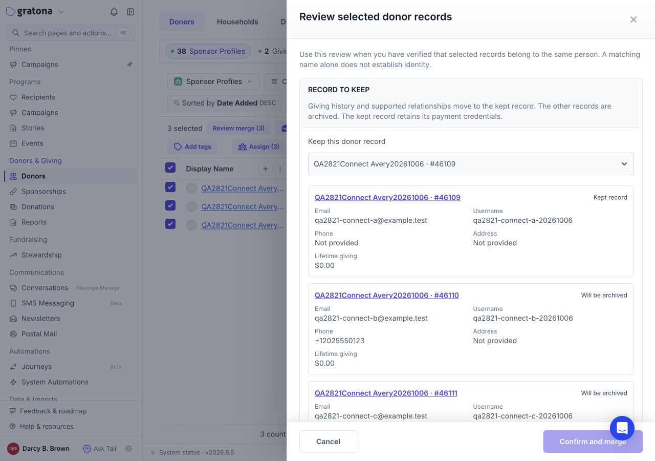 The Review selected donor records drawer with the Record to keep section, opened from the Donors table where three demo records are selected and Review merge (3) is visible.