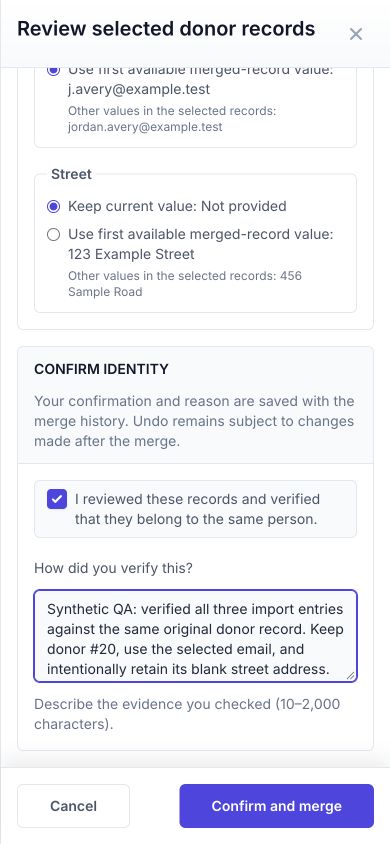 Bottom of the review drawer showing Profile values keeping an empty street value as Not provided, the Confirm identity checkbox, the verification reason field, and the Confirm and merge button.