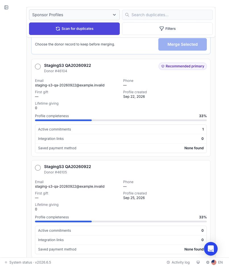 Fresh scan review showing two demo donor cards, a Recommended primary badge, and Merge Selected disabled until a primary donor is chosen.
