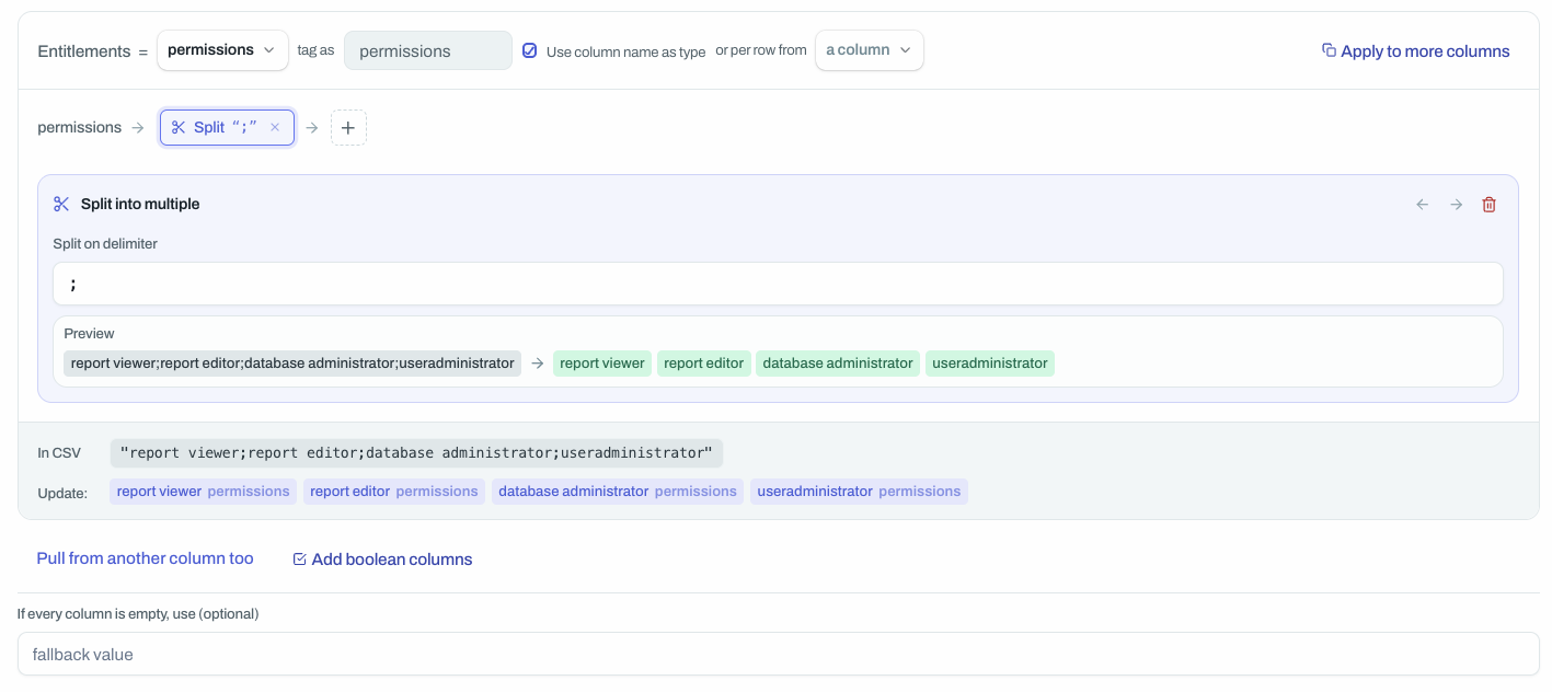 Split into multiple set to split a permissions column on semicolons, turning one cell into four separate permissions entitlements