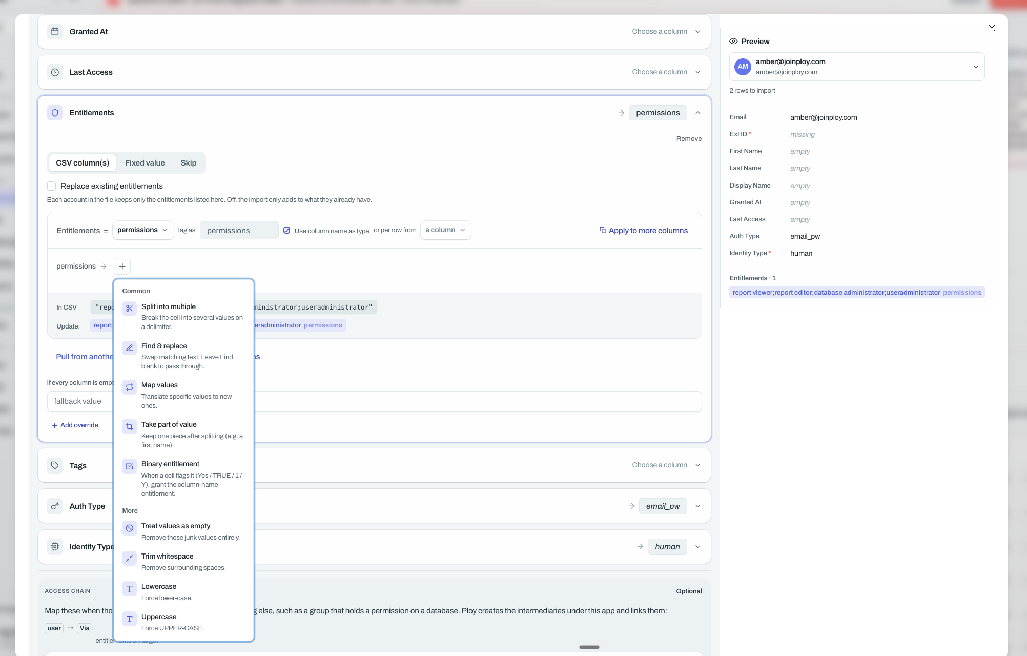 Entitlements field mapped to a permissions column with the transform menu open, showing Split into multiple, Find & replace, Map values, Take part of value, and Binary entitlement