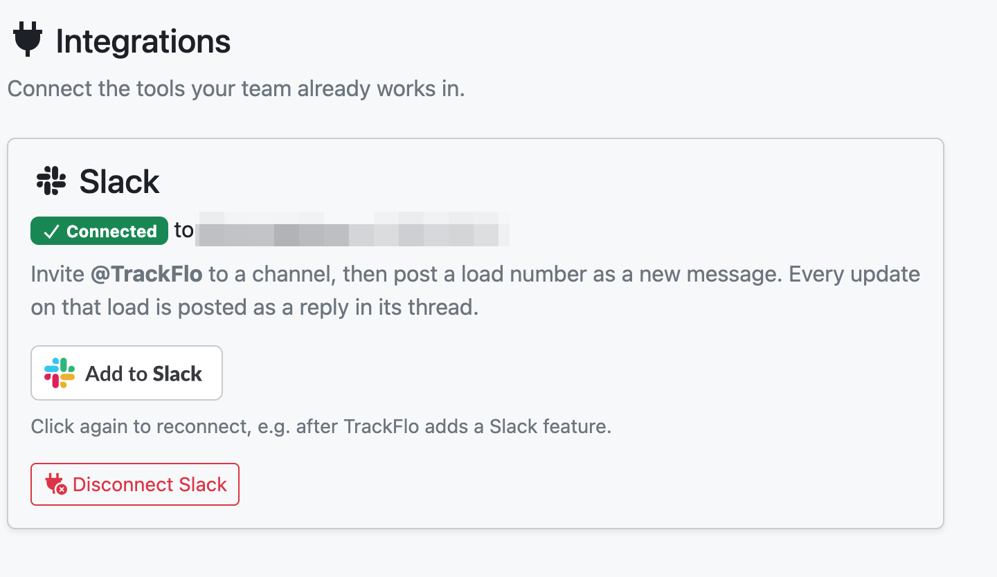 La pestaña Integraciones con la tarjeta de Slack mostrando Conectado