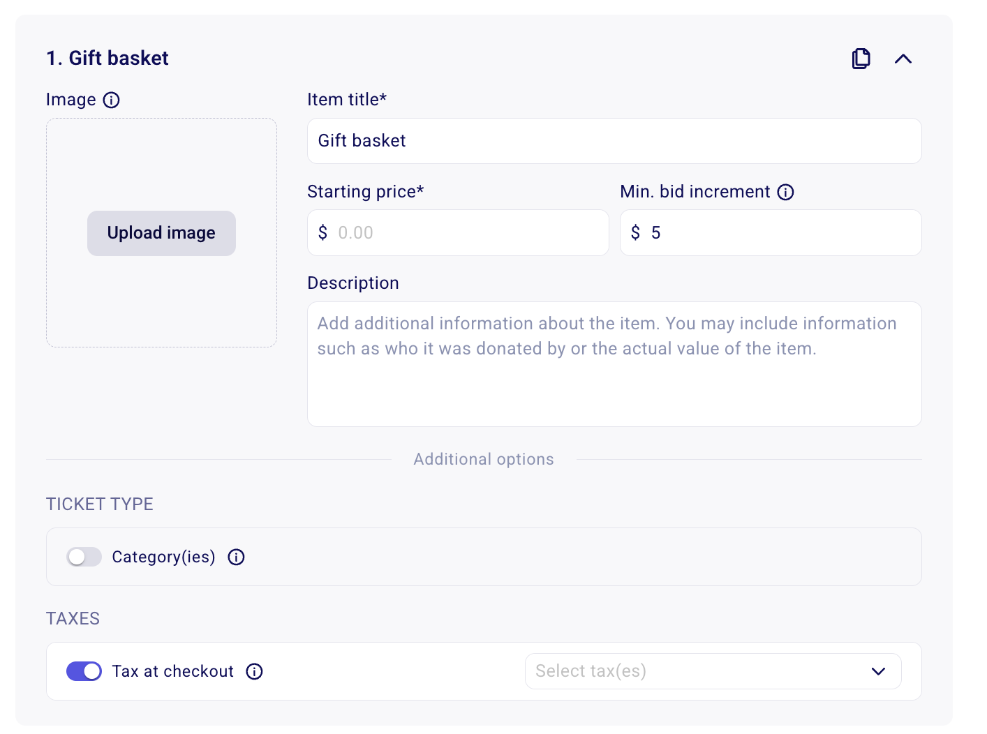Editor für Auktionsartikel mit aktiviertem Schalter „Steuer beim Checkout“ unter „Steuern“