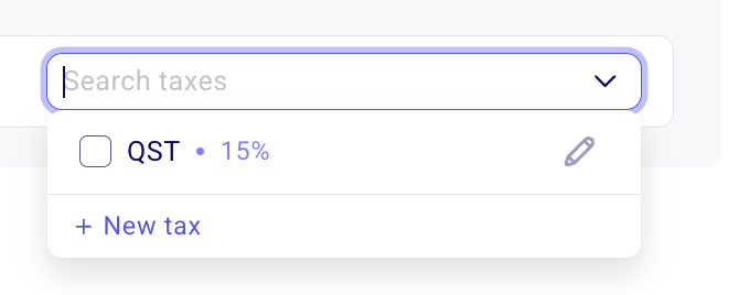 Steuer-Dropdown-Menü mit einer gespeicherten Steuer und der Option „+ Neu Steuer“