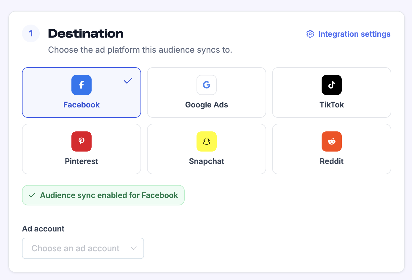 Destination selection showing Facebook, Google Ads, TikTok, Pinterest, Snapchat, and Reddit, with Facebook selected and Audience sync enabled for Facebook