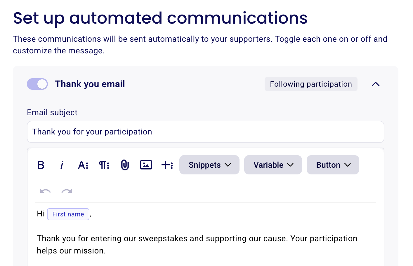 Bildschirm zum Einrichten automatisierter Kommunikation mit Editor für die Dankes-E-Mail