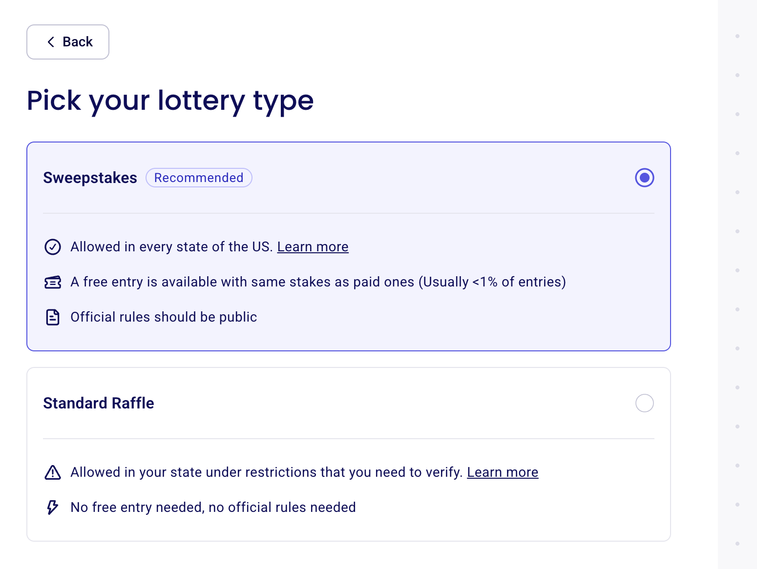 Bildschirm „Ihren Lotterietyp auswählen“ mit ausgewähltem Sweepstakes