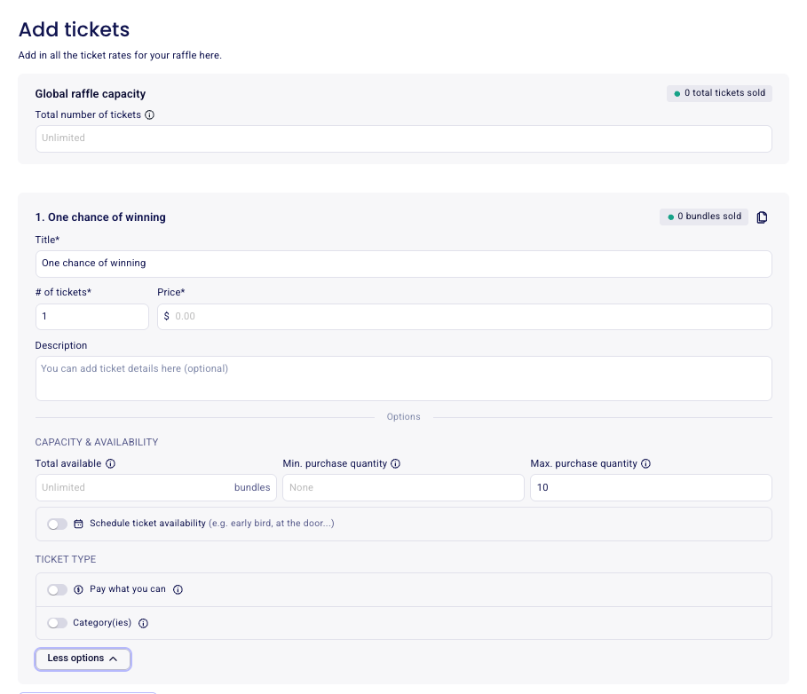 Bildschirm zum Hinzufügen von Tickets mit globaler Tombola-Kapazität und einer Ticketkategorie mit ihren Optionen