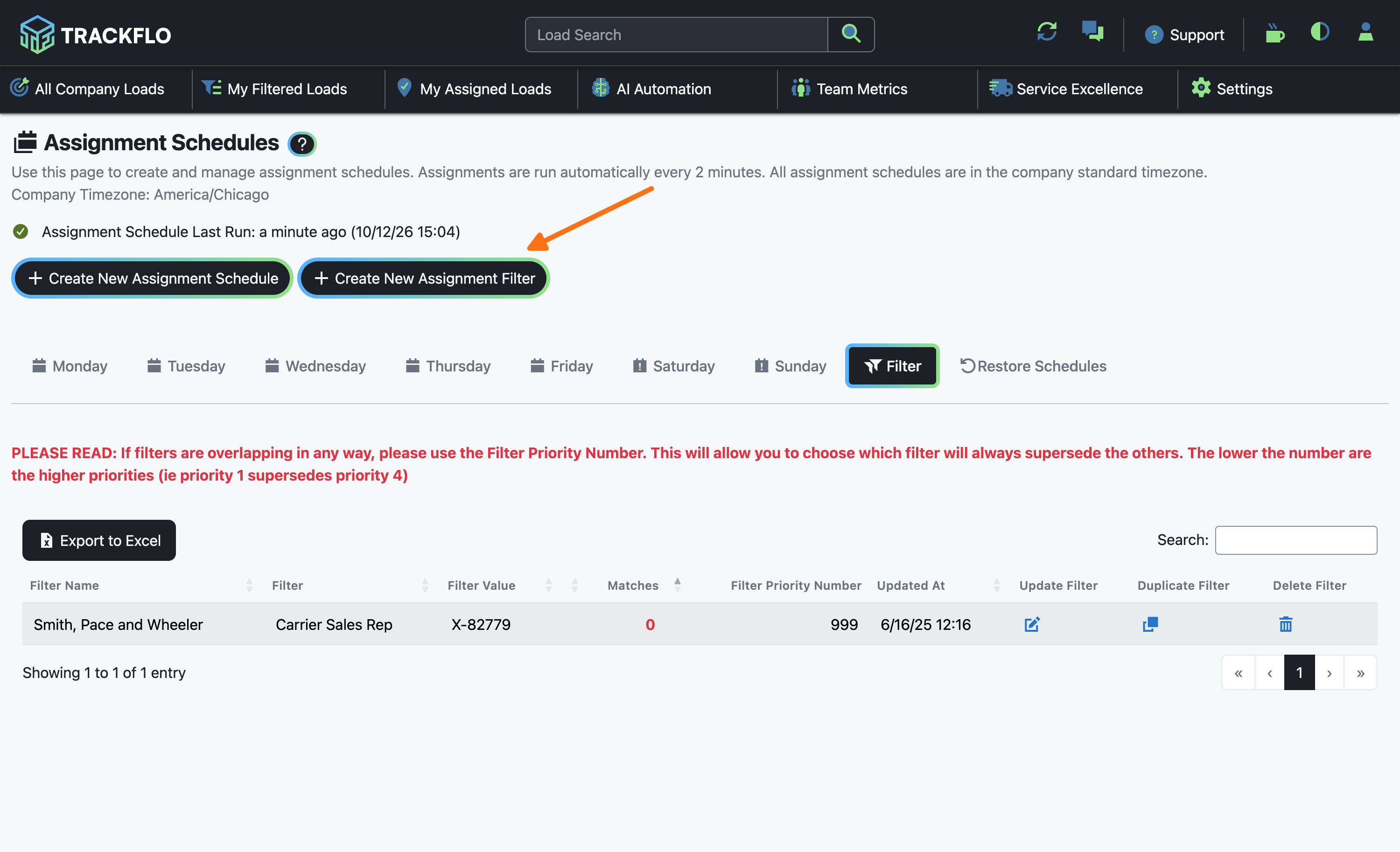 El formulario Create Assignment Filter