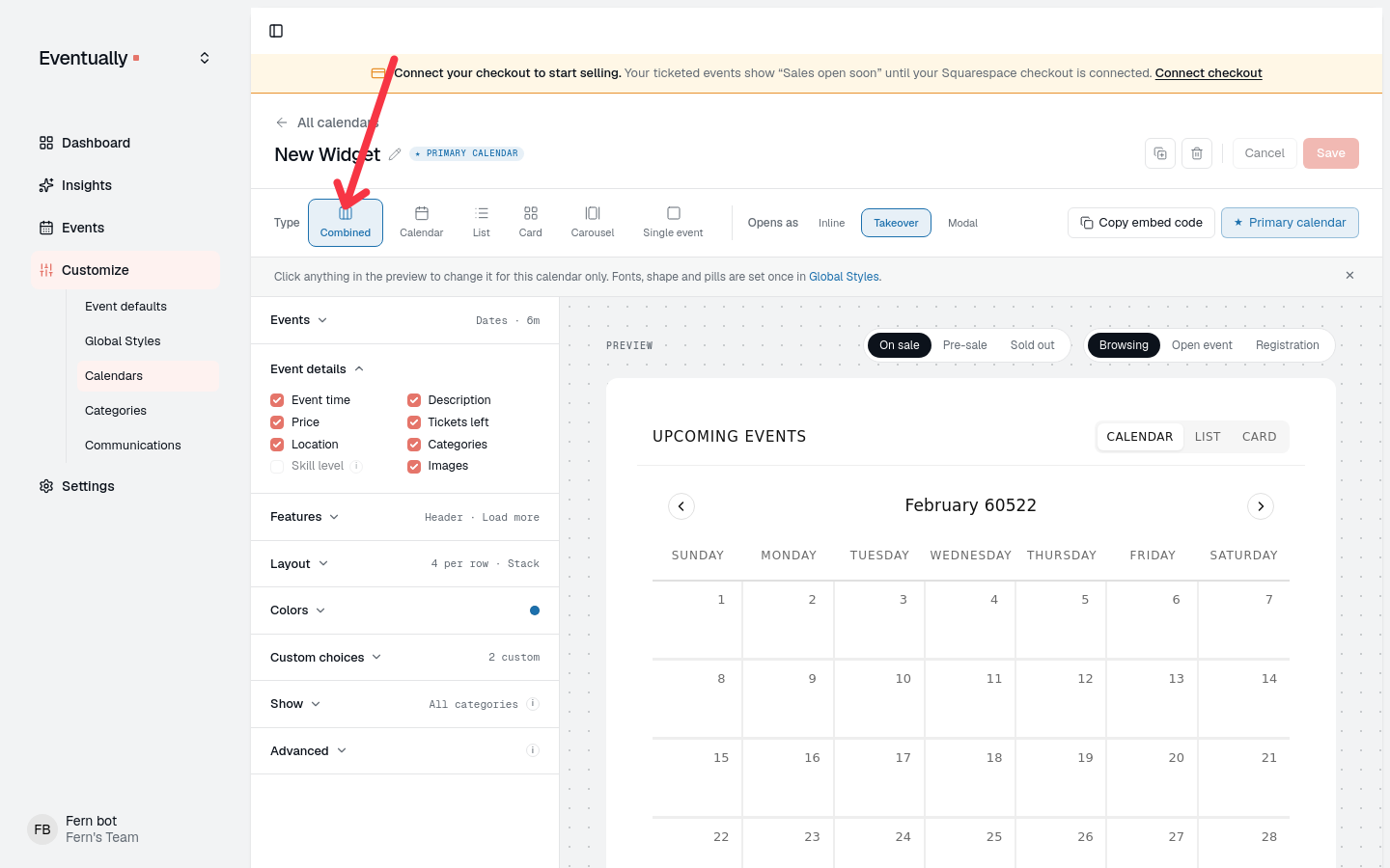 The widget builder showing the Type row with six layout buttons: Combined, Calendar, List, Card, Carousel, and Single event, next to the live preview