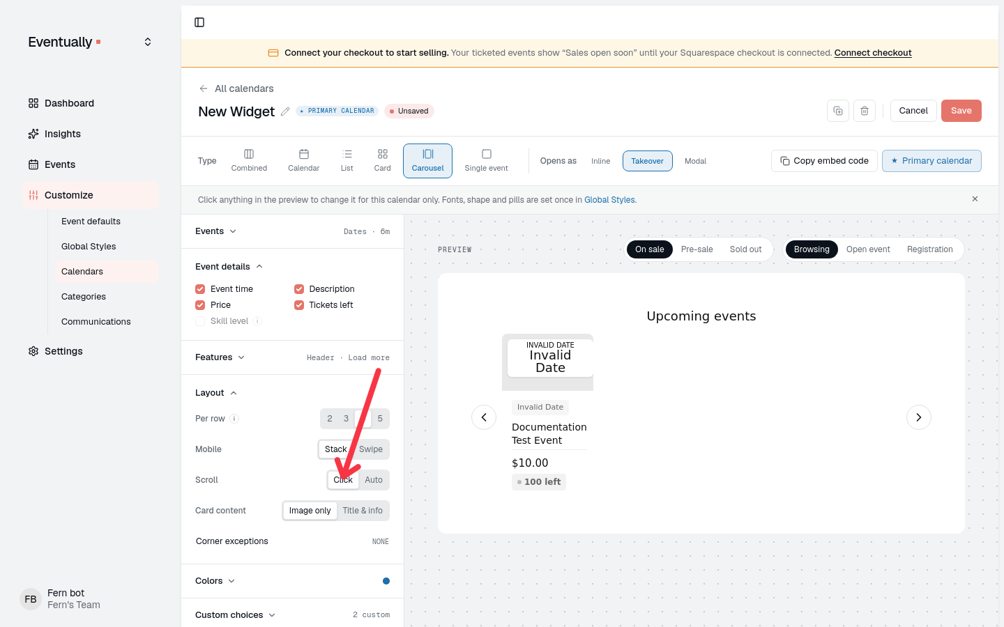 The Carousel layout selected, showing the Scroll control with Click and Auto options and the Card content control with Image only and Title & info options