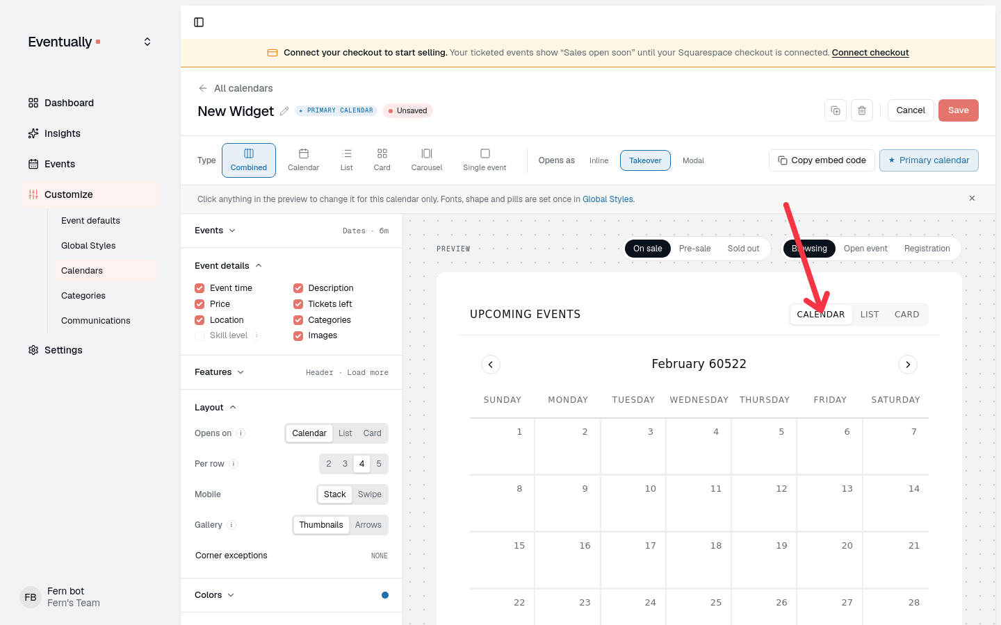 The Combined layout selected with the preview showing a Calendar, List, and Card view toggle