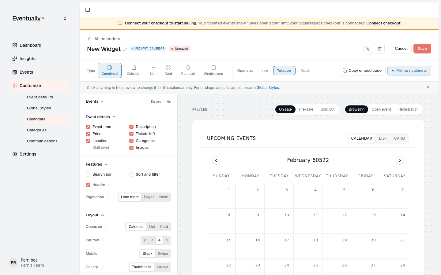 The Opens as control showing Inline, Takeover, and Modal options in the widget builder
