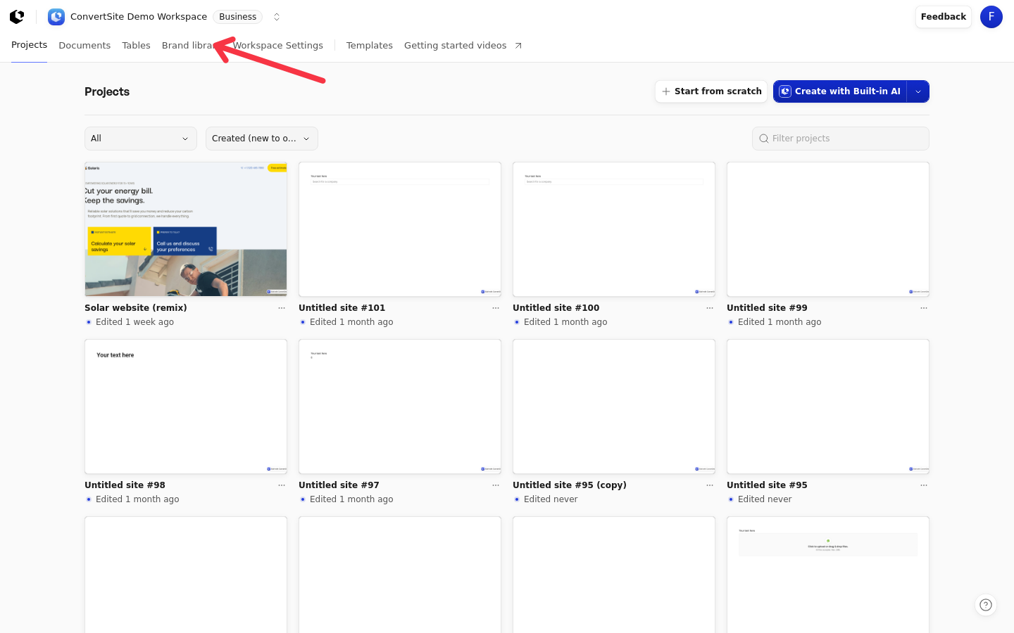The workspace navigation with the Brand library entry highlighted