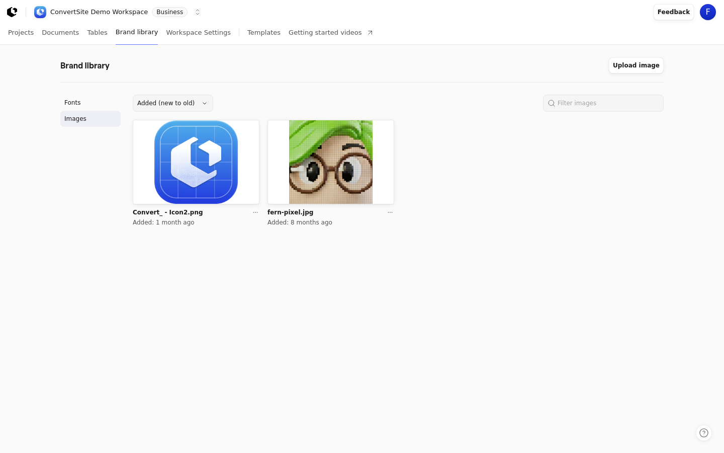 The Brand library Images page with the Upload image action, sorting, and Filter images field