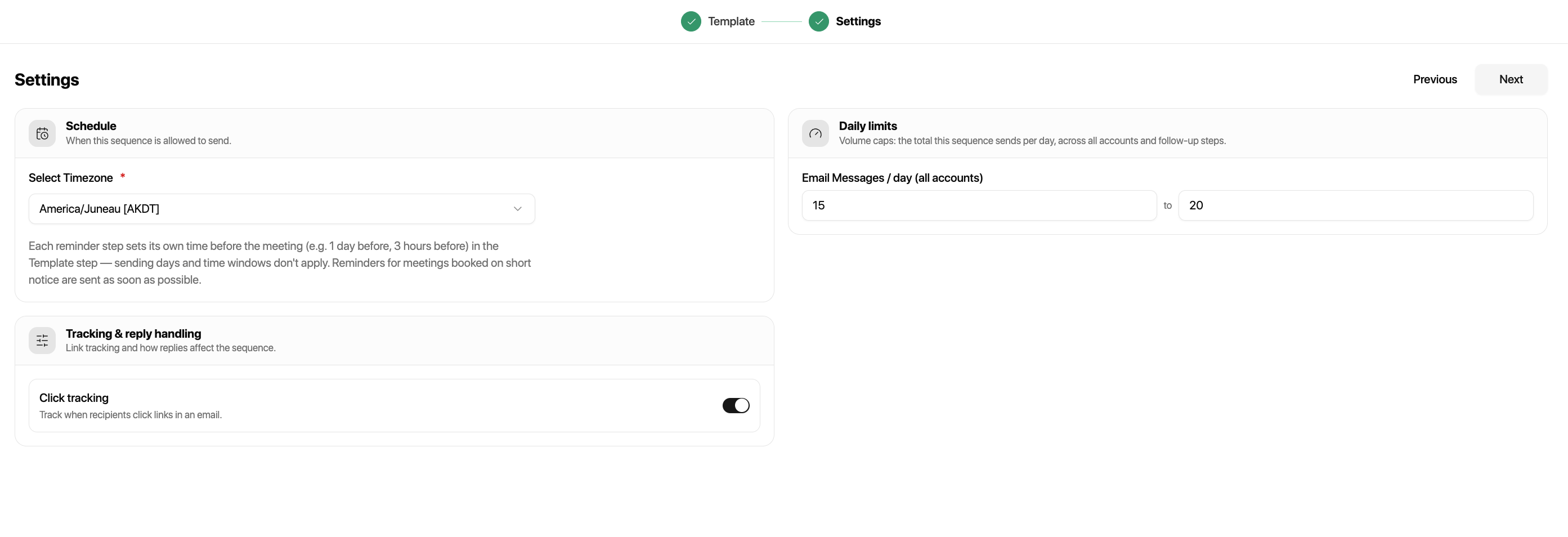 Meeting Reminder Sequence setup screenshot