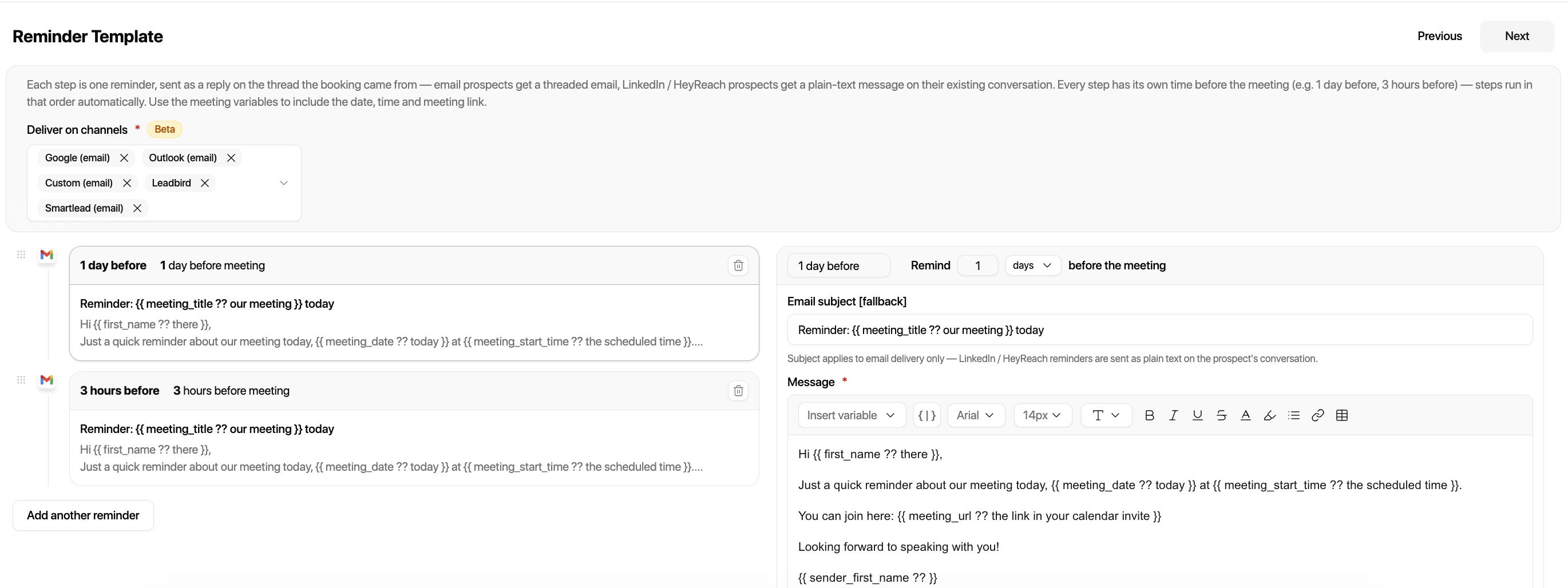 Meeting Reminder Sequence setup screenshot