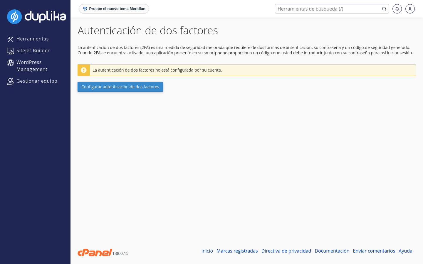 Página Autenticación de dos factores en cPanel