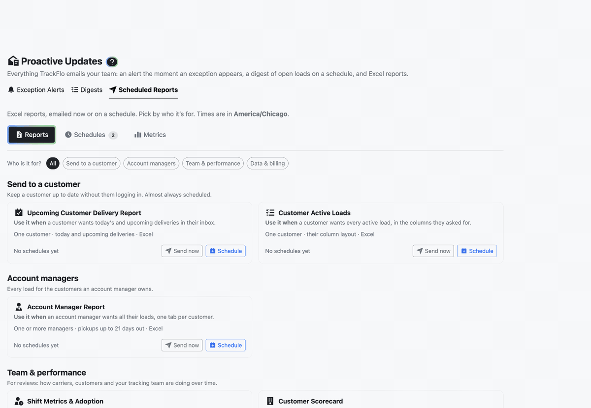 Filtering the Reports tab to Send to a customer, opening Schedule on the Upcoming Customer Delivery Report, entering two recipients and a customer, with the default 7:00 AM Monday to Friday schedule