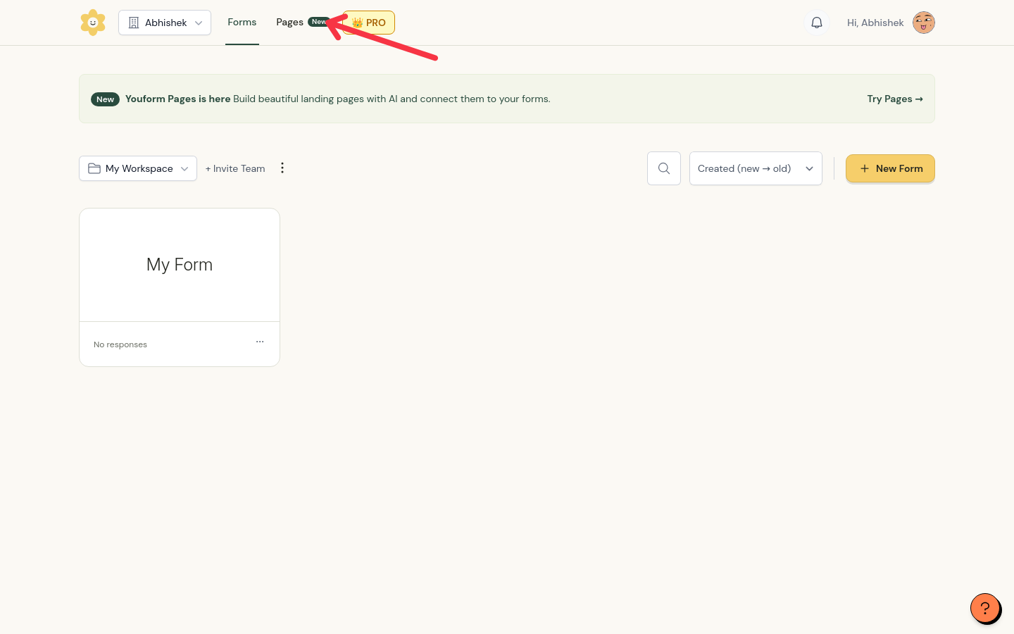 The Youform dashboard with the Pages tab, marked New, in the top navigation