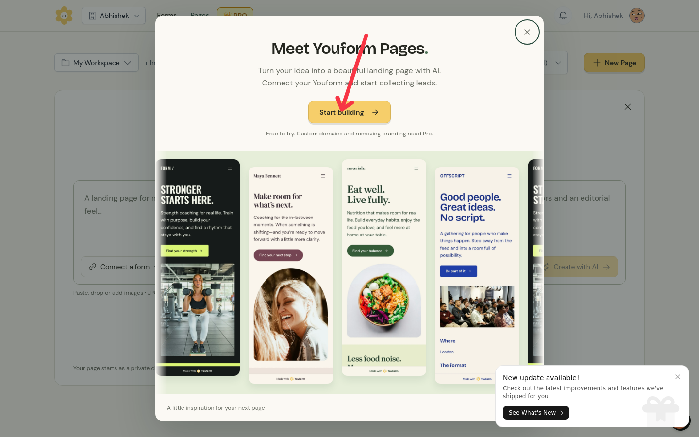 The Meet Youform Pages dialog with a Start building button