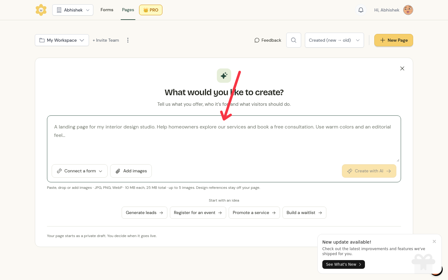 The Pages composer with the Describe your landing page box, example prompts, and the Create with AI button