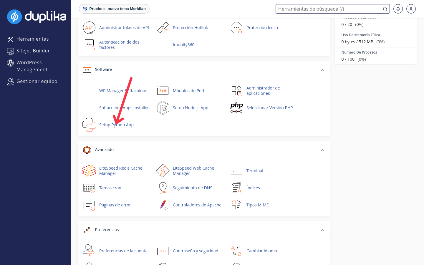 Sección Software de cPanel con el ícono Setup Python App
