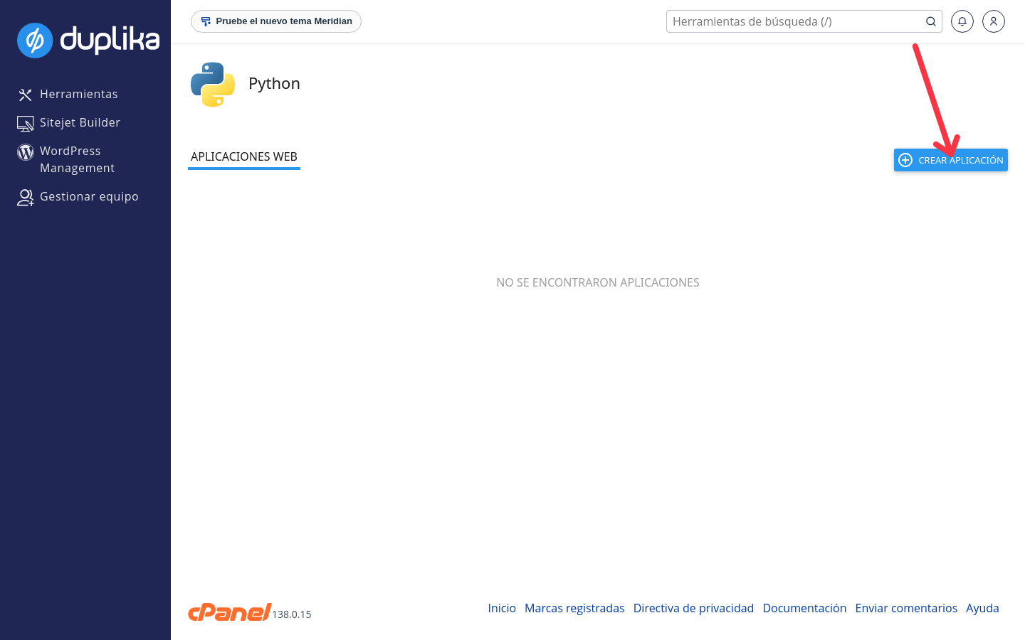 Página Python de cPanel con el botón CREAR APLICACIÓN