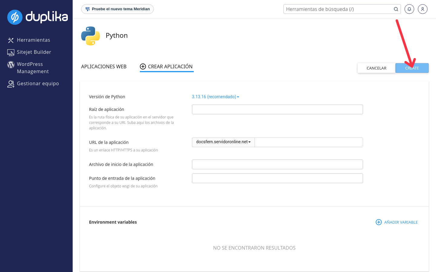 Formulario de creación de aplicación Python en cPanel