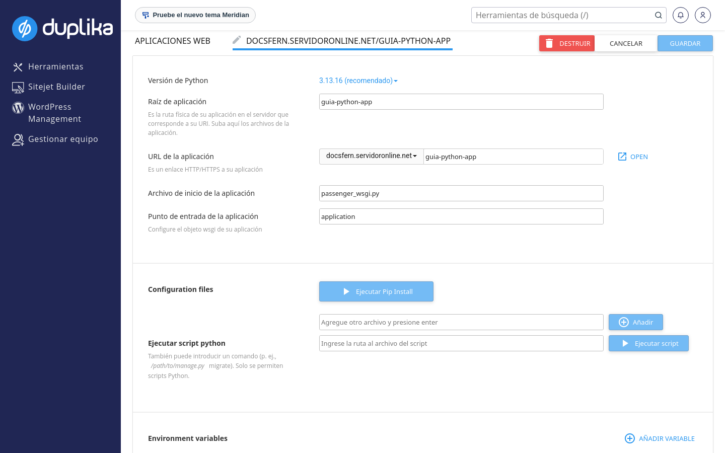 Vista de administración de una aplicación Python con Configuration files y Ejecutar Pip Install