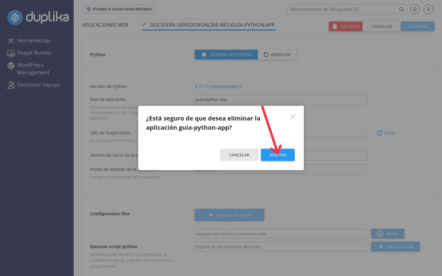 Confirmación de eliminación de una aplicación Python en cPanel