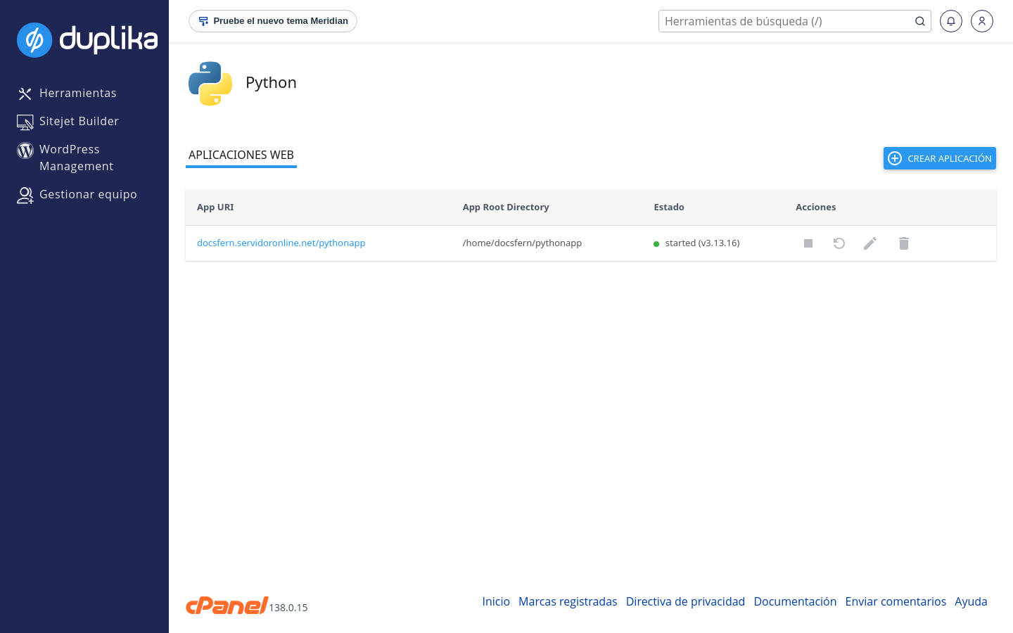 Lista APLICACIONES WEB con una aplicación en estado started y sus acciones