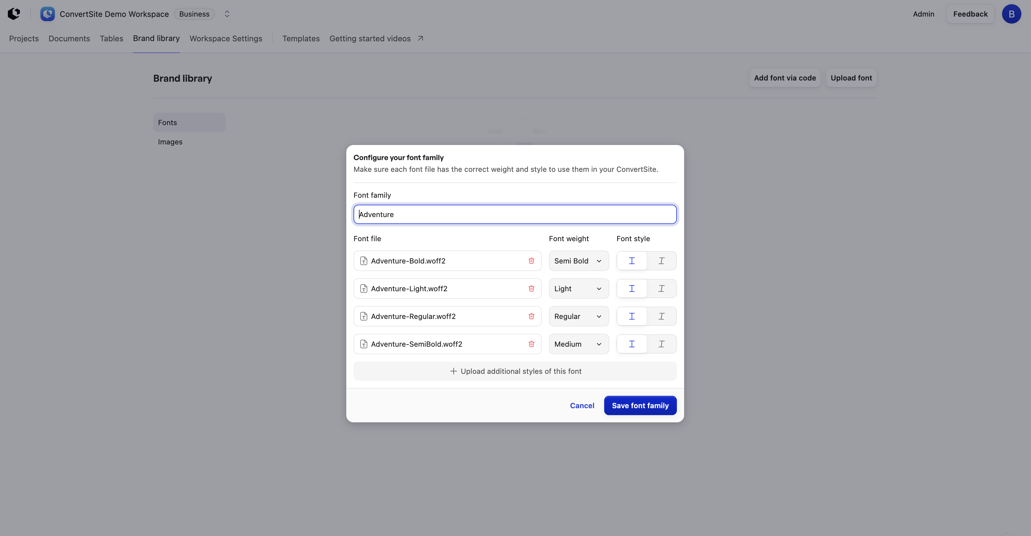 The Configure your font family dialog, with a Font family name and a table of font files mapped to weights and styles