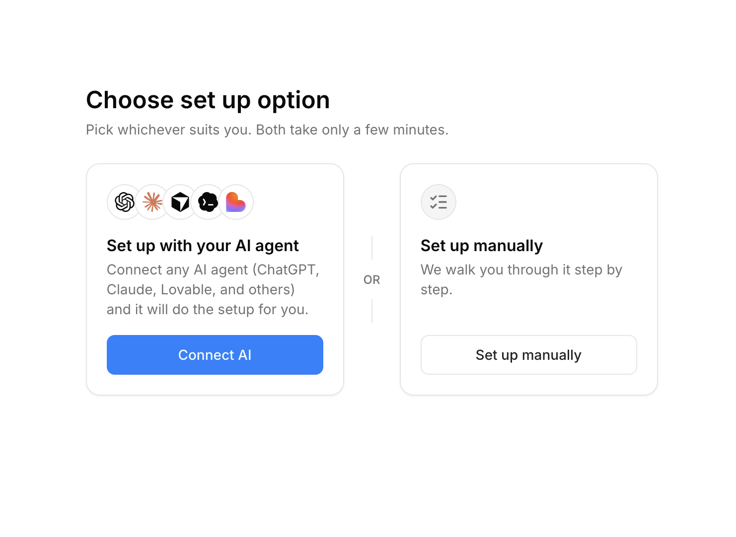 La pantalla Elige una opción de configuración, con Configurar con tu agente de IA a la izquierda y Configurar manualmente a la derecha