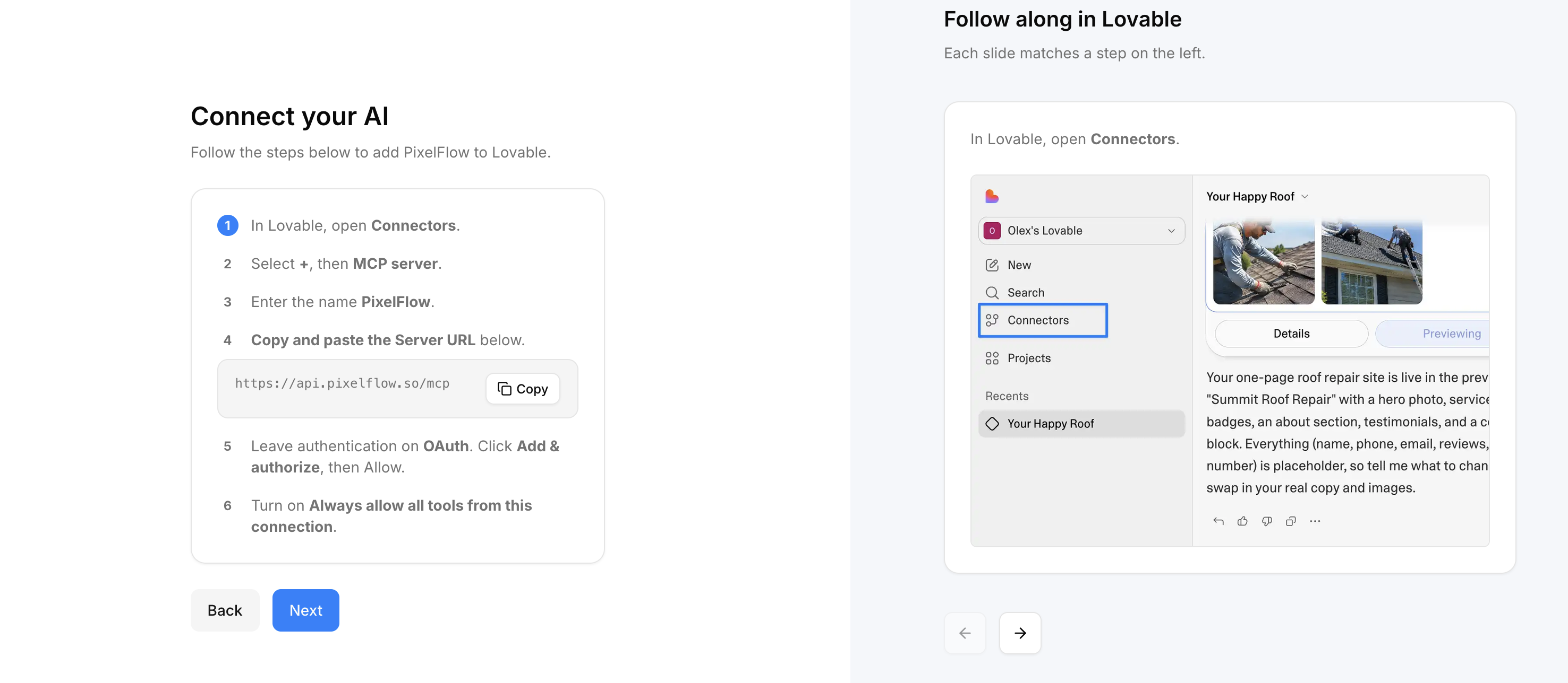 La pantalla Conecta tu IA, que muestra los seis pasos para añadir PixelFlow como servidor MCP en Lovable, con un panel Seguir los pasos en Lovable a la derecha