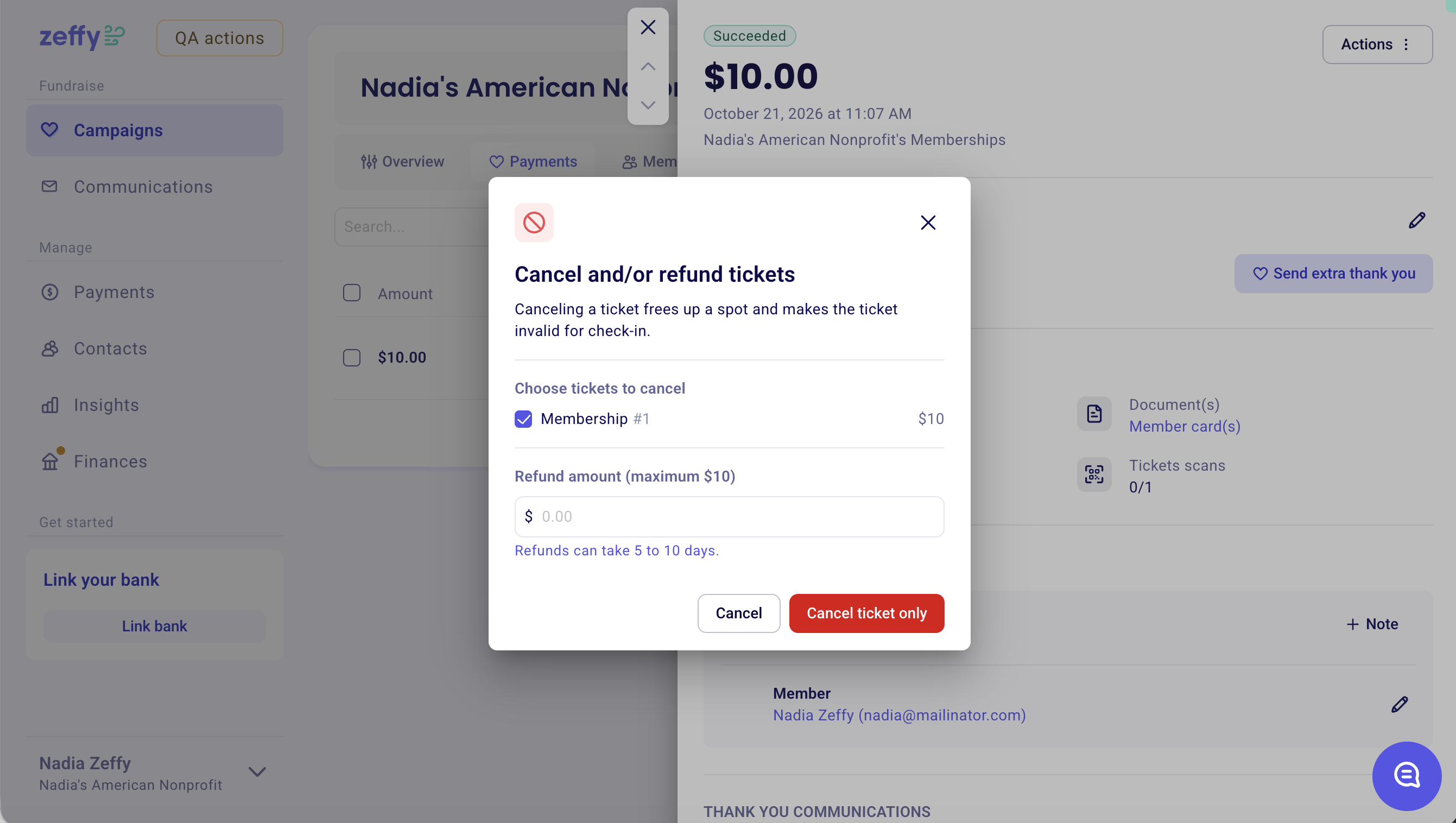 Cancel and/or refund tickets window on a membership payment record