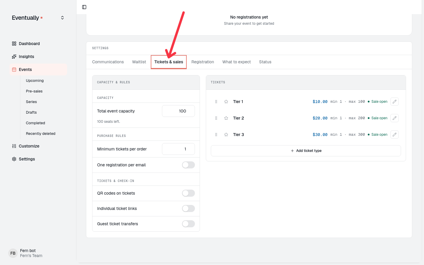 The event page's Settings tabs with the Tickets & sales tab selected, showing the Capacity & rules card and the Tickets card listing three ticket tiers